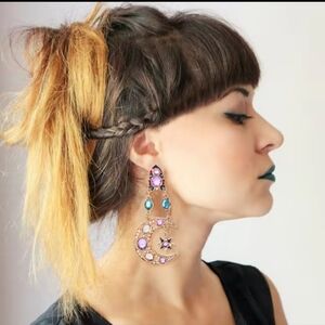 Celestial~Sun & Moon Whimsigoth Pink Blue Crystal Dangle Earrings